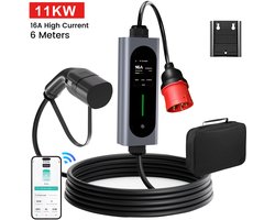 JUNSUN Draagbare 11kW 16A 3-Fase EV APP/WiFi Laadkabel - Type 2 Laadpaal , 6M Kabel + LCD Scherm & Opbergtas - 6A/8A/10A/13A/16A Schakelbaar - IEC62196-2 & IP67