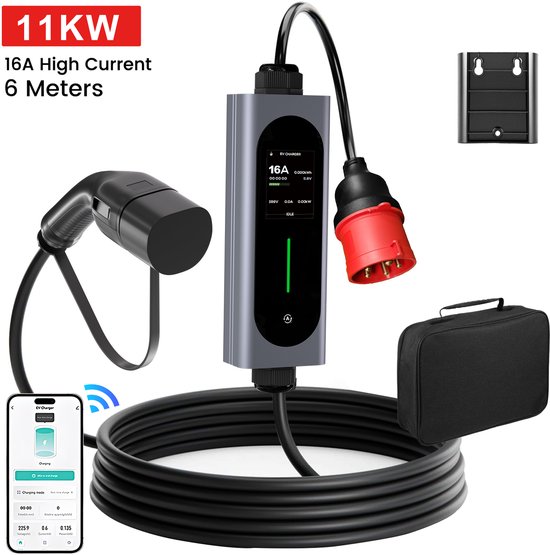 dé Type 2 Verlengkabel [10m, 11kW, 16A] 3-Fase Oplaadkabel 400V, Beschermingsklasse IP54, Compatibel met Alle IEC62196-2 BEV en HPEV, met Draagtas