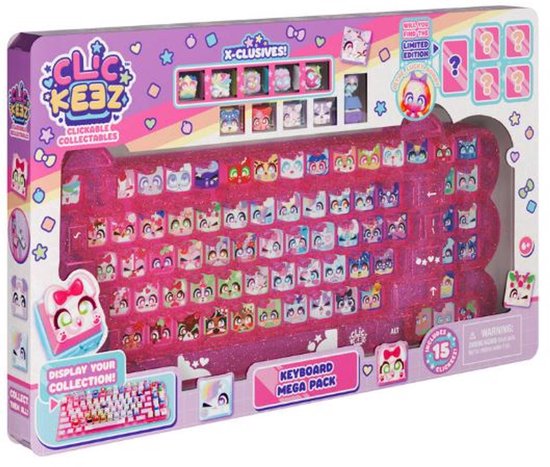 CLICKEEZ Keyboard Mega Pack - 1 Toetsenbord + 15 Kawaii Keycaps + Sleutelhanger, Verzamelbare Personages, ASMR Fidget Toy, Vanaf 6 Jaar