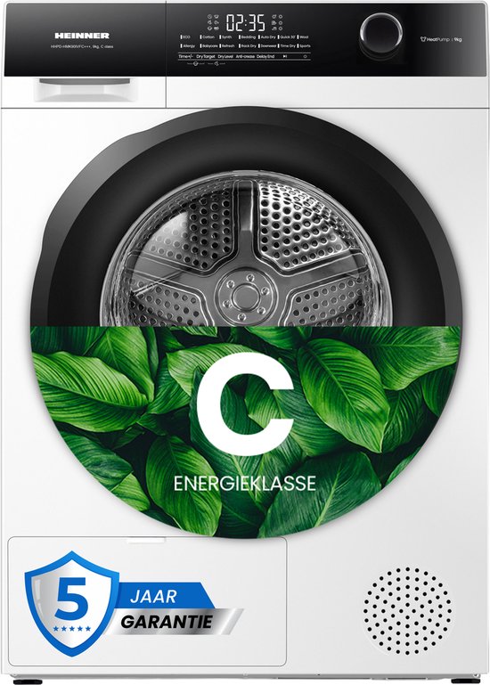 Heinner HHPD-HMK90IVFC+++ Warmtepompdroger – 9 kg – 14 programma’s – Touch Control – Schoendroogrek – Inverter – Kinderslot - Wit – 5 Jaar Garantie