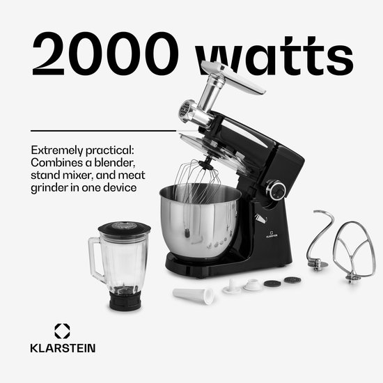 Klarstein Blender keukenmachine, keukenmachines, 3 in 1 keukenmachines, Rührgeräte & Mixer, Teigmaschine met Fleischwolf, keukenmachine , 2000 Watt Teigmaschine Knetmaschine 10L kom - voor Keuken - RVS - Standmixer - Smoothie Maker van Klarstein — afbeelding 2