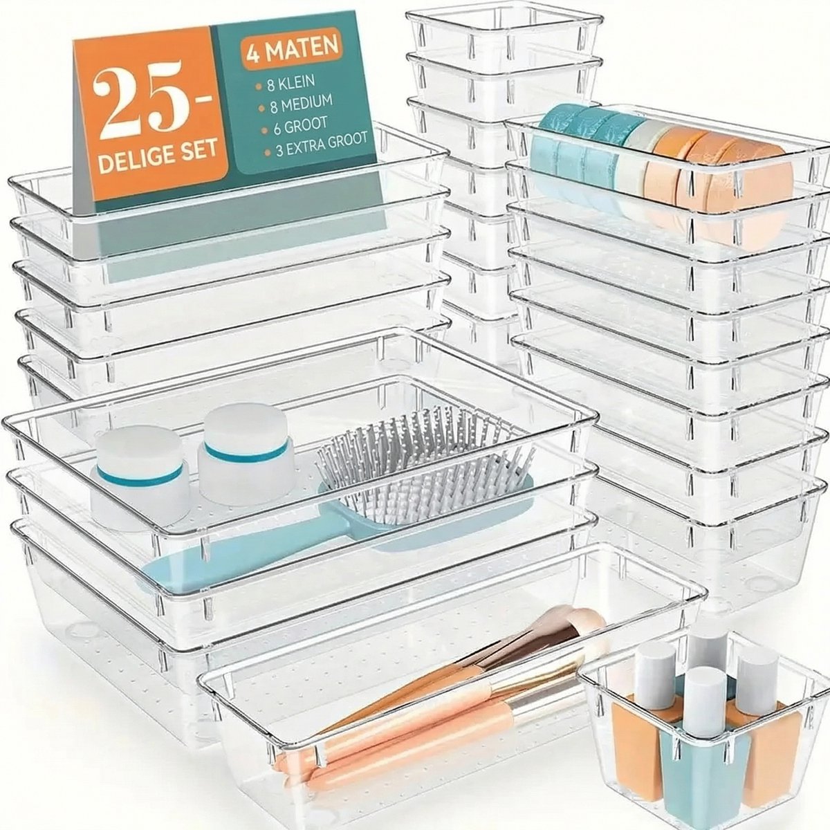 JustValue Lade Organizer Set - 25-delig - Transparant - Stapelbaar - Antislip - Opbergboxen Voor Keuken - Badkamer - Kantoor - Make-up Organizer