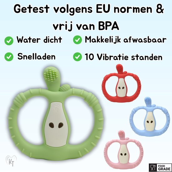 KT BuzzyBite Appel - Bijtring - Elektrisch - Rust & verlichting bij doorkomende tandjes - Vibrerend - 10 trilstanden - baby speelgoed- Bijtketting - Montessori speelgoed - Bijtspeelgoed - Baby - Bijtringen - Siliconen Bijtring - sophie de giraf — afbeelding 2