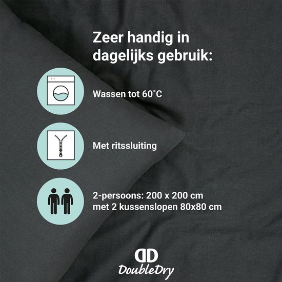 Dekbedovertrek met ritssluiting - 100% katoen - 3-delig 200x200 + 2 stuks kussensloop 80x80 - antraciet