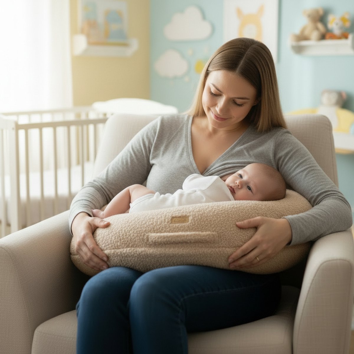 Soosie TEDDY Voedingskussen – Teddy Bouclé – Afneembare Hoes met Rits – Ergonomisch Voedingskussen voor Borstvoeding & Flesvoeding – 65×55 cm – Beige