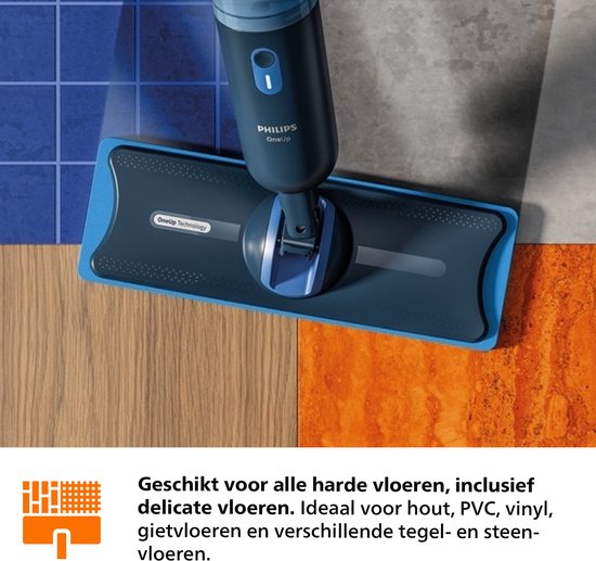 Philips OneUp dweil op diverse vloeren, geschikt voor alle harde vloeren.
