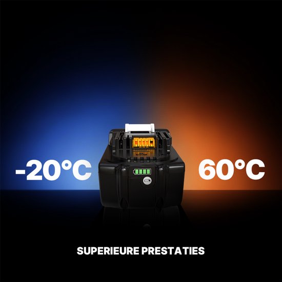 Zwarte VOLTIÈRE 18V 5.0AH accu, met indicator van -20°C tot 60°C.