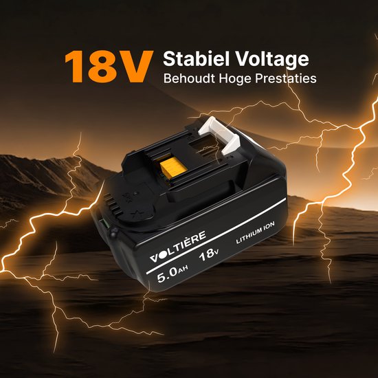 Zwarte 18V 5.0AH Lithium Ion accu met VOLTIÈRE logo. Omgeven door bliksem.