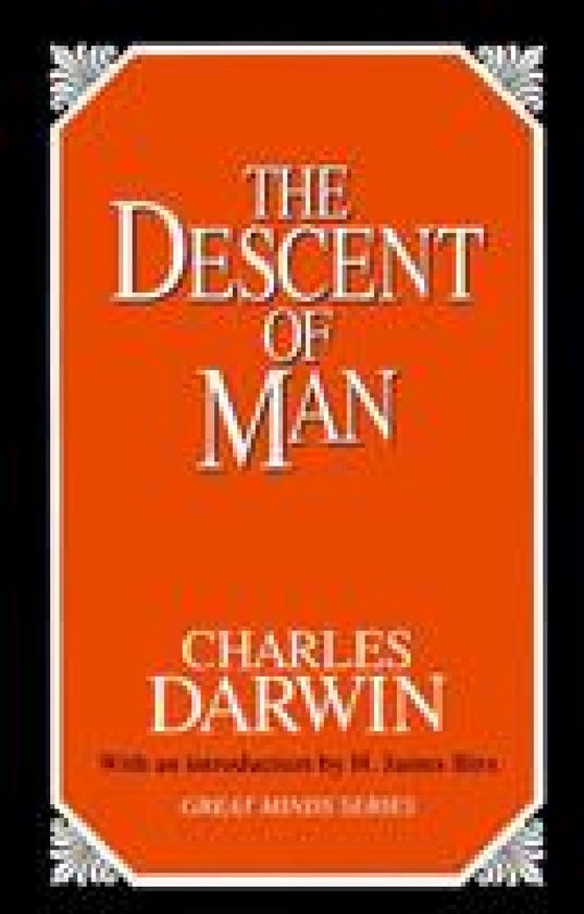 Oranje omslag van 'The Descent of Man' door Charles Darwin, met witte tekst en sierlijke rand.