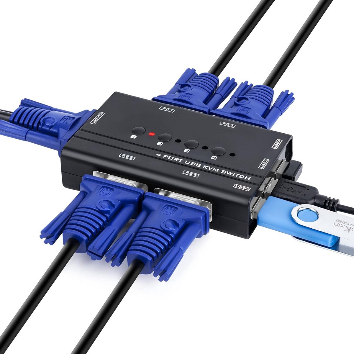 USB VGA KVM-switch voor 4 computers met 4 kabels - Deel één monitor en 3 USB-apparaten