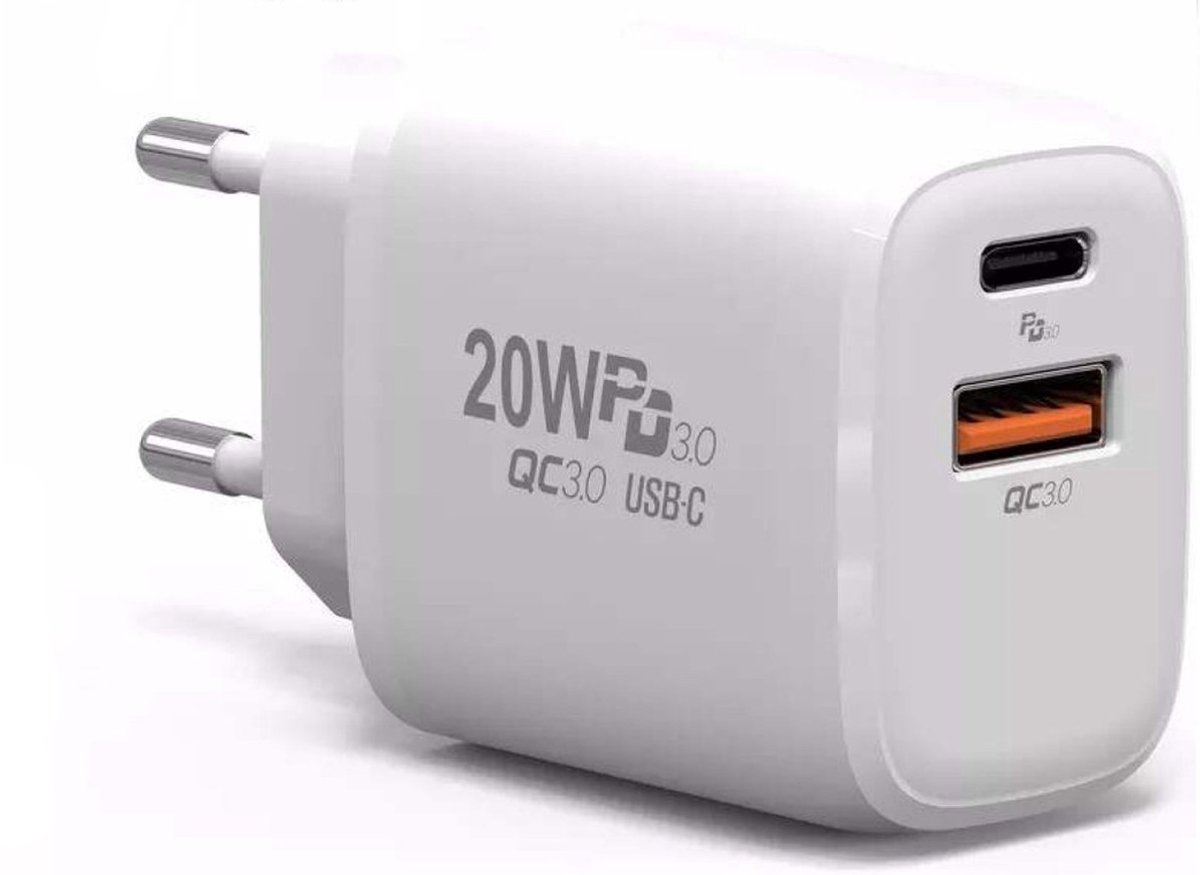 USB-C Adapter - 2 Poorten - 1 Stuk - Multipoort oplader - Universeel - Reisstekker - USB-C & USB-A - Wit - Fast Adapter - Wereldstekker