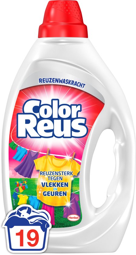 Witte fles wasmiddel met rode dop. Label toont waslijn met kleurrijke kleding. 'Color Reus Reuzenkracht tegen vlekken en geuren'. 19 wasbeurten.