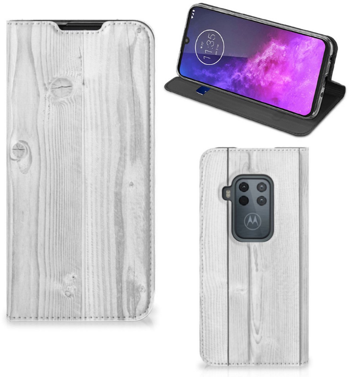 Motorola One Zoom Book Wallet Case White Wood