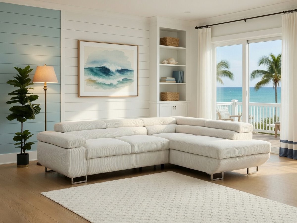 Hoekslaapbank 268 × 202 × 70 cm – Ribfluwelen Hoekbank met Slaapfunctie, Opbergruimte en 5 Verstelbare Hoofdsteunen – Hoek Rechts – Beige – Milano Relax – Bellavero
