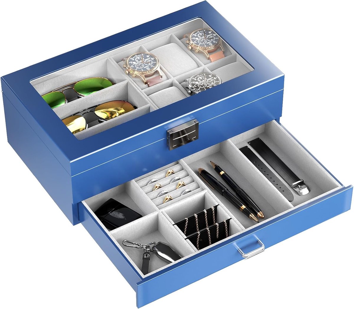 Houten Sieradenbox met 6 Vakjes - Organisator voor Horloges en Zonnebrillen - 2-laagse Horlogehouder met Glazen Deksel en Opberglade - Blauw