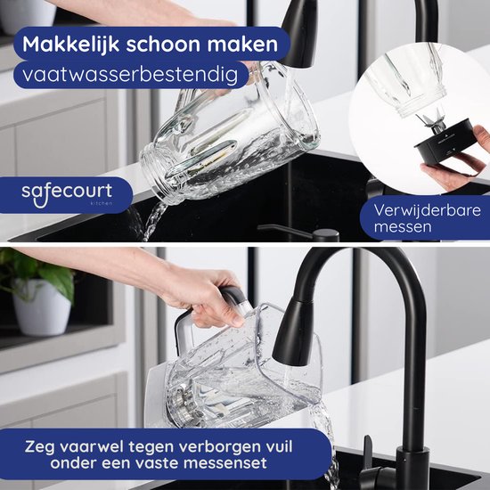 Safecourt Kitchen Blender - 1,5L Glas & 600ml To-Go beker - 1300W Smoothie maker - Krachtig, stil en eenvoudige reiniging
