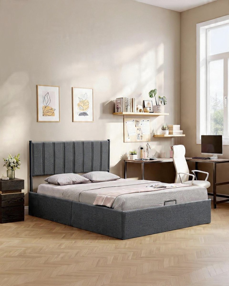 Opbergbed 140x200 cm met Hydraulisch Systeem – Modern Donkergrijs Bedframe met Comfortabel Hoofdeinde en Inklapbare Lattenbodem – Furniture Land