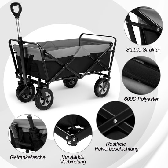 Opvouwbare Bolderkar Zwart Grijs - 100 Liter - 80 kg Draagvermogen - 600D Polyester - Verstelbare Handgreep - 4 Wielen met Rem - Strandwagen Campingwagen Tuinwagen van Merkloos — afbeelding 3
