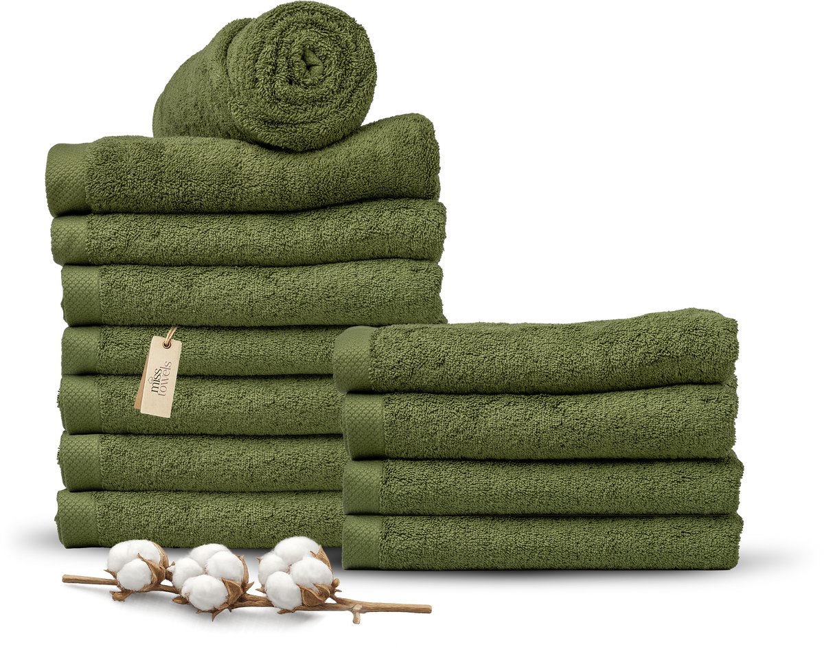 Miss Towels 70x140 Badlakens Set 12 st. - 5 sterren Hotelkwaliteit - Badtextiel - Luxe Badhanddoeken - Zachte Badlakens - Olijf Groen - Made in Portugal