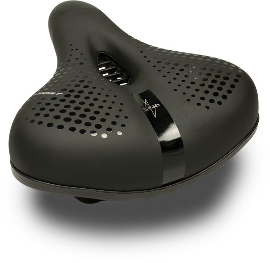 Zwart fietszadel met ventilatie-uitsparing en geperforeerd patroon. "SPORT" en "VOLTANO" logo's zichtbaar.