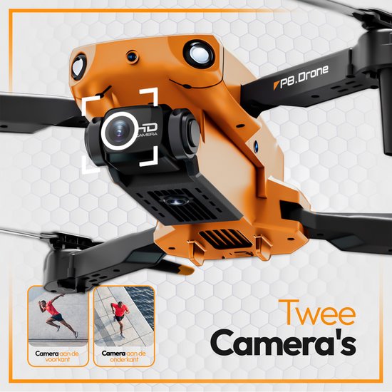 Oranje drone met dubbele HD camera's, een aan de voorkant en een aan de onderkant.