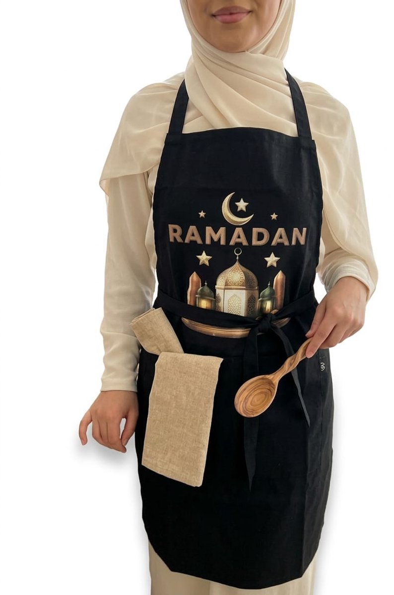 Wasza Textiles - Keukenschort - "Ramadan" - Geschenk - 100% katoen - Luxe zware katoen - Zwart - islamitisch