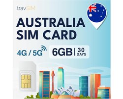 SIM Card voor Australië met 6GB Mobiel Data | 4G/5G Snelheid | Gratis Roaming in Nieuw-Zeeland | 30 Dagen Geldigheid