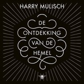 Boekomslag 'De Ontdekking van de Hemel' door Harry Mulisch. Zwart met witte sierlijke letters en een bij onderaan.