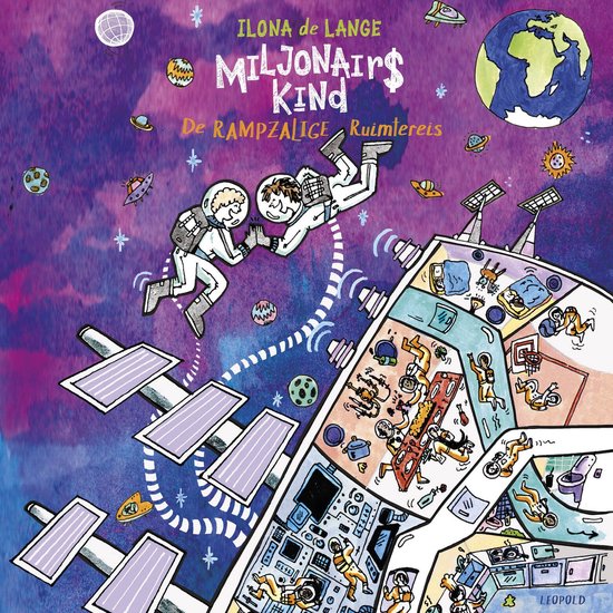 Boekomslag van 'Miljonairs Kind - De Rampzalige Ruimtereis' met twee astronauten bij een ruimtestation en de aarde.