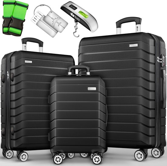 tillvex® reiskofferset 3-delig + bagageweegschaal, 6X kofferriemen & 3X kofferhangers | kofferset 4 wielen | trolley bagage koffer TSA slot | set koffer met harde schaal M-L-XL, lila, Kofferset 3tlg