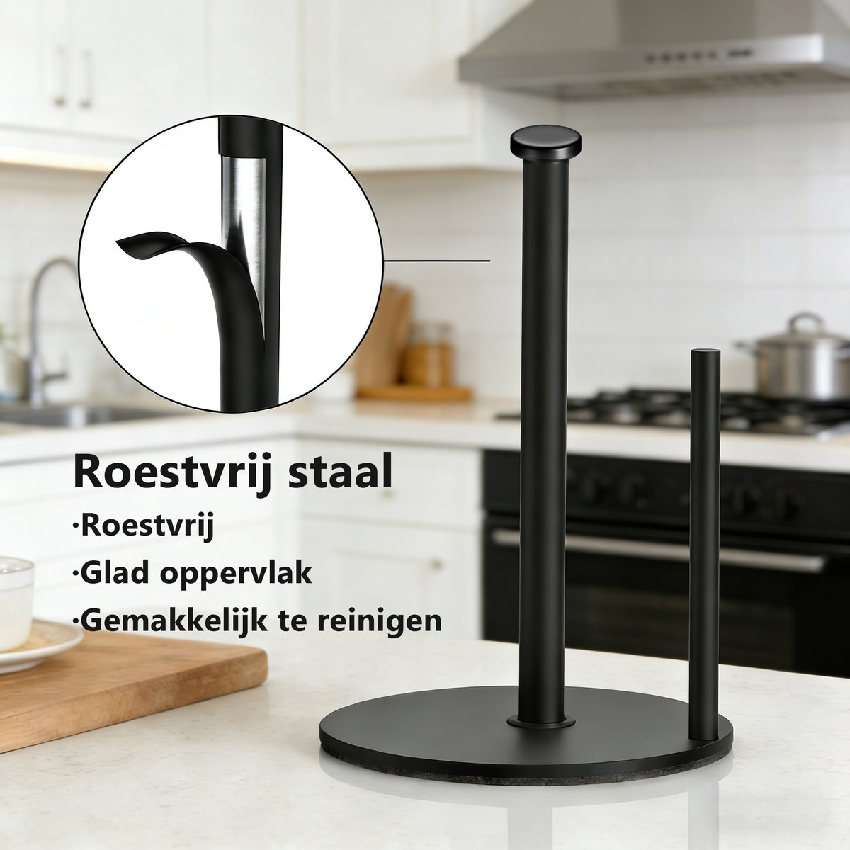 Keukenrolhouder Zwart RVS – Keukenpapierhouder voor Aanrecht – Anti-slip – Universeel voor Grote Rollen