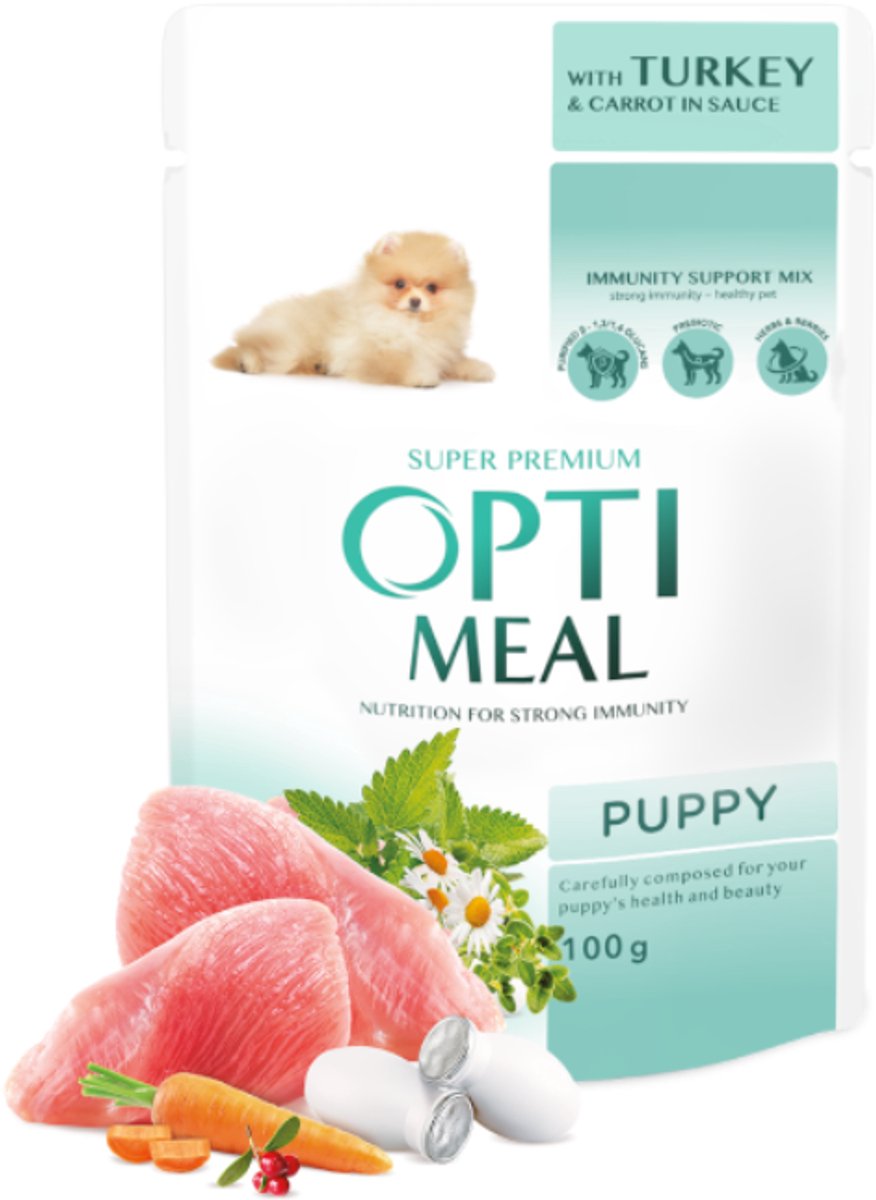 Optimeal Super Premium Natvoer voor Puppies met Kalkoen en Wortel in Saus – Compleet Hondenvoer voor Groei, Immuniteit en Gezonde Spijsvertering12x 100g
