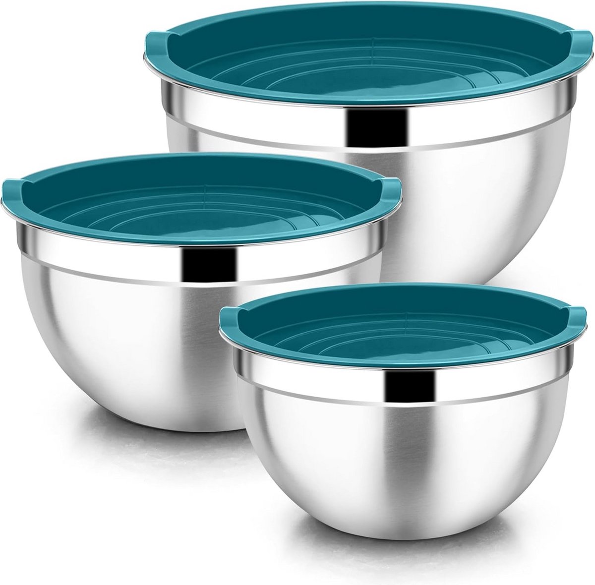 3-Delige Set RVS Mengkommen met Deksel - Stapelige Meng- en Serveerschalen (4.5L/2.7L/1.5L)