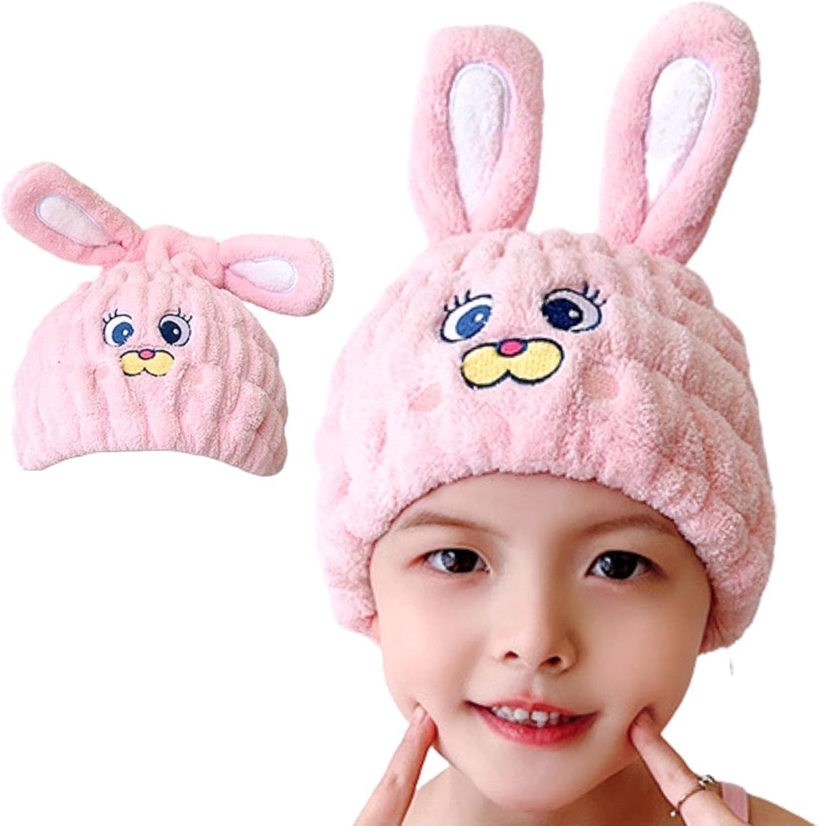Lichtgewicht Microfiber Haar Handdoek Wrap voor Kinderen - Roze Konijn Droog Haar Cap met Scrunchies