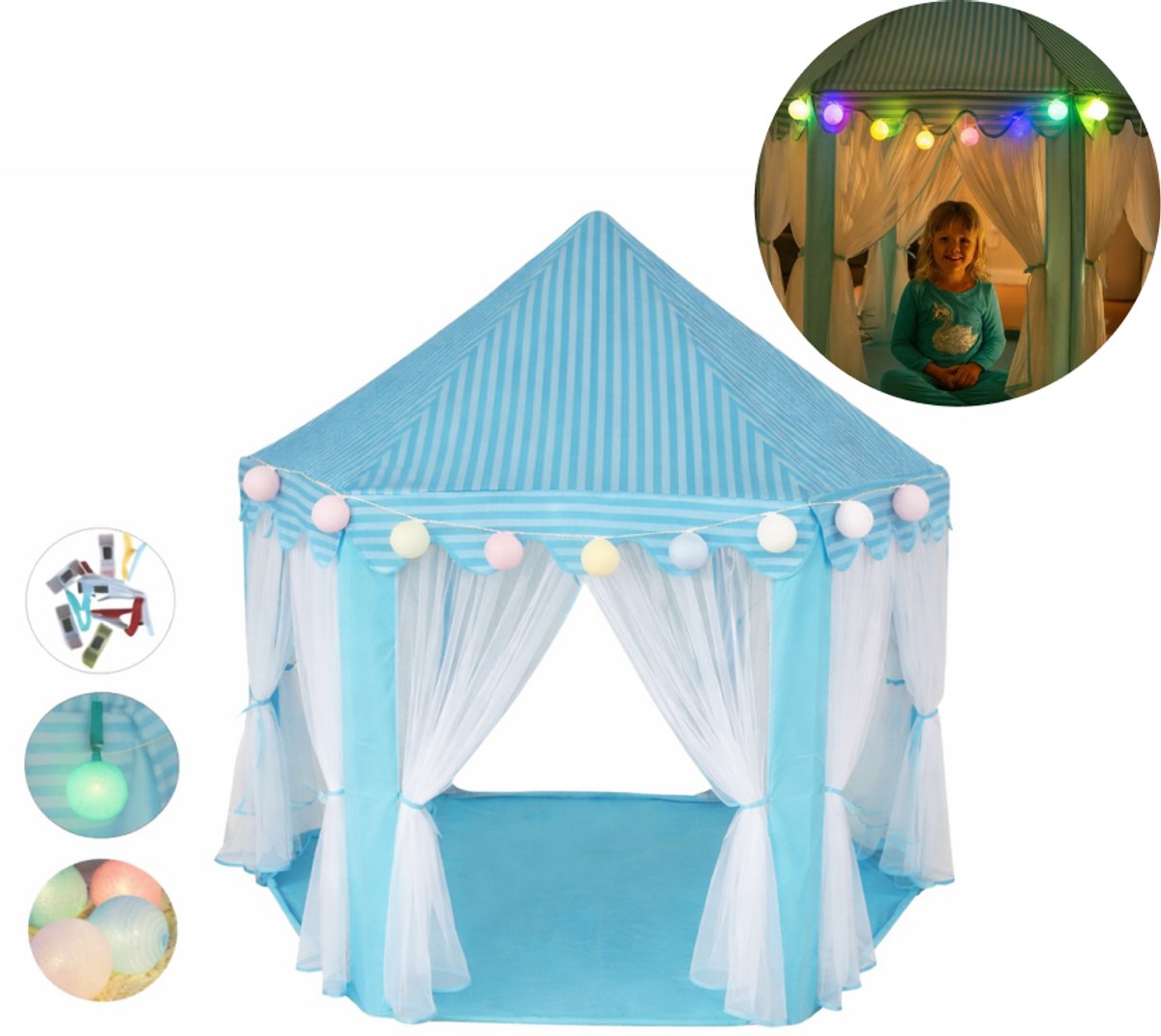 Goodz4All Prinses Tent Kasteeltent Speeltent Kindertent Speelhuisje met Verlichting Blauw