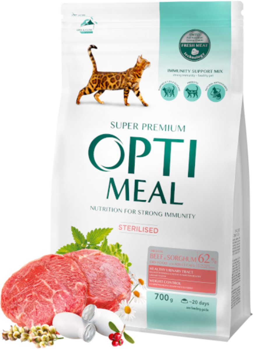 Opti Meal Optimeal Droogvoer voor Gesteriliseerde Katten – Rund & Sorghum – Super Premium Kattenvoer voor Volwassen Katten – Urinewegondersteuning & Gewichtscontrole 0.7kg