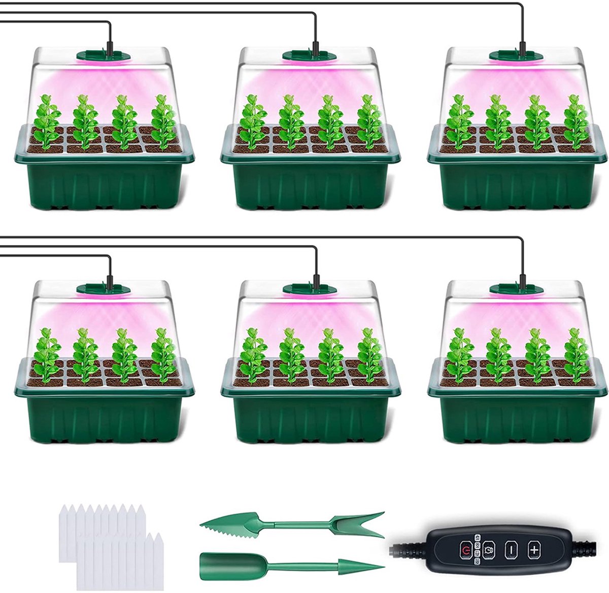 MUPOO Kweekbak met Groeilamp en Timer - Moestuin Kweekkas met Hoge Deksel - full spectrum - Zaaitrays voor Zaailingen - Verstelbare Ventilatie - Full Spectrum LED - Voorgroeien - Binnenkweken - 6 pack