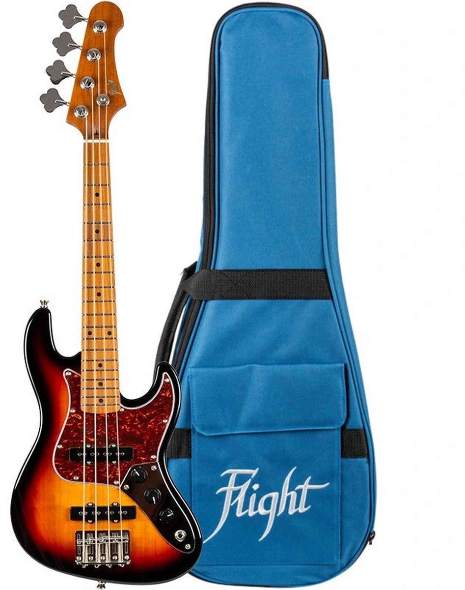 Flight Mini JB Bass SB Elektrische Mini Bas Ukulele Sunburst met Alnico 5 Pickups en Roasted Maple Hals