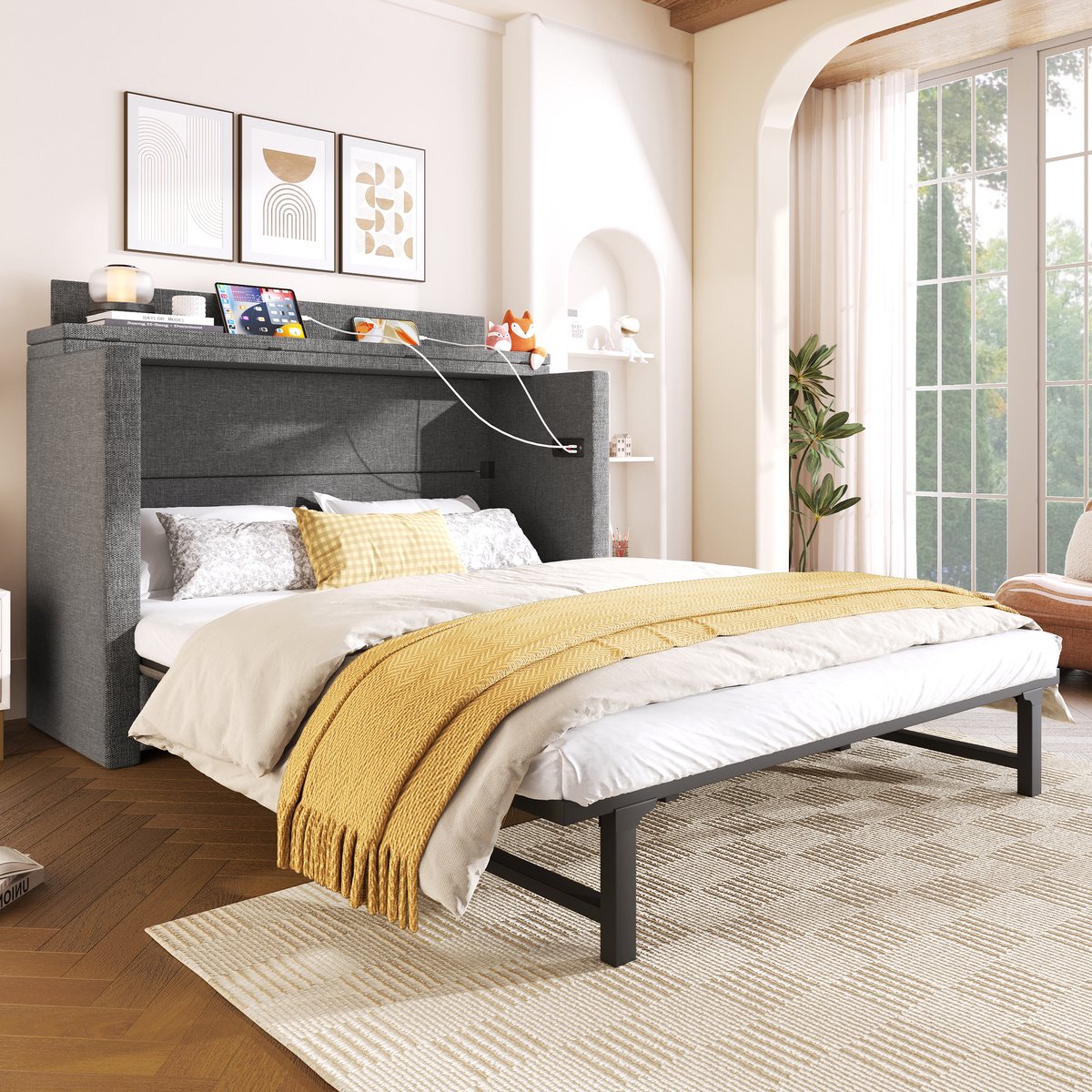 MODFU - Opklapbed - Met Lade En USB-C-Aansluitingen - Ruimtebesparend - Linnen - Grijs - 140 X 200 Cm