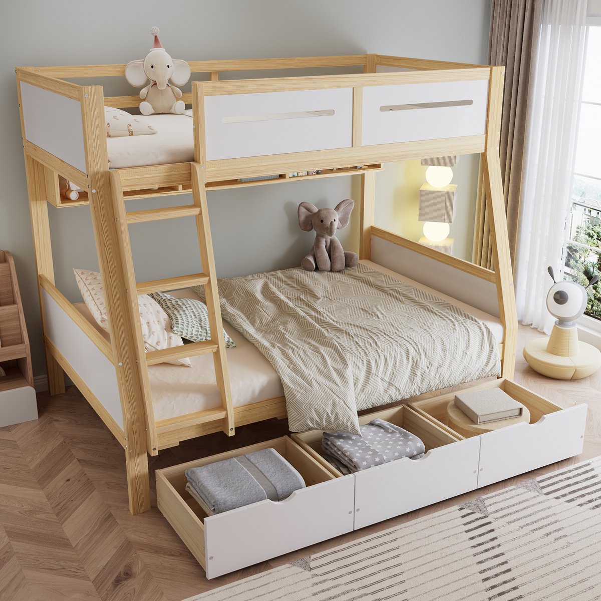 MODFU - Stapelbed voor kinderen – 90x200 & 120x200 cm – Met 3 laden & boekenrek – Wit/Naturel