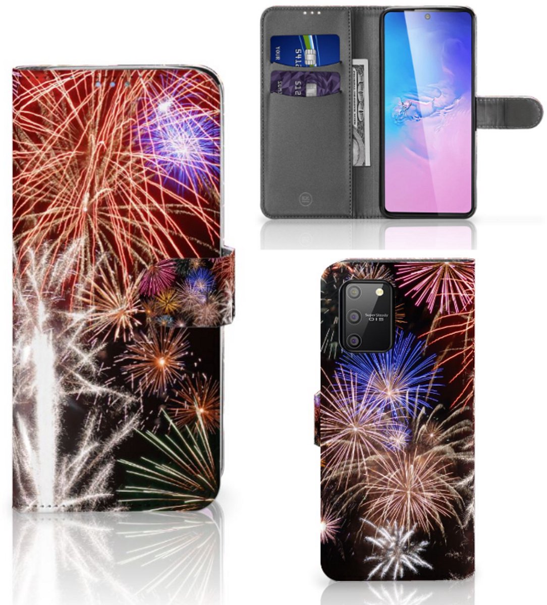 Samsung S10 Lite Wallet Case met Pasjes Vuurwerk