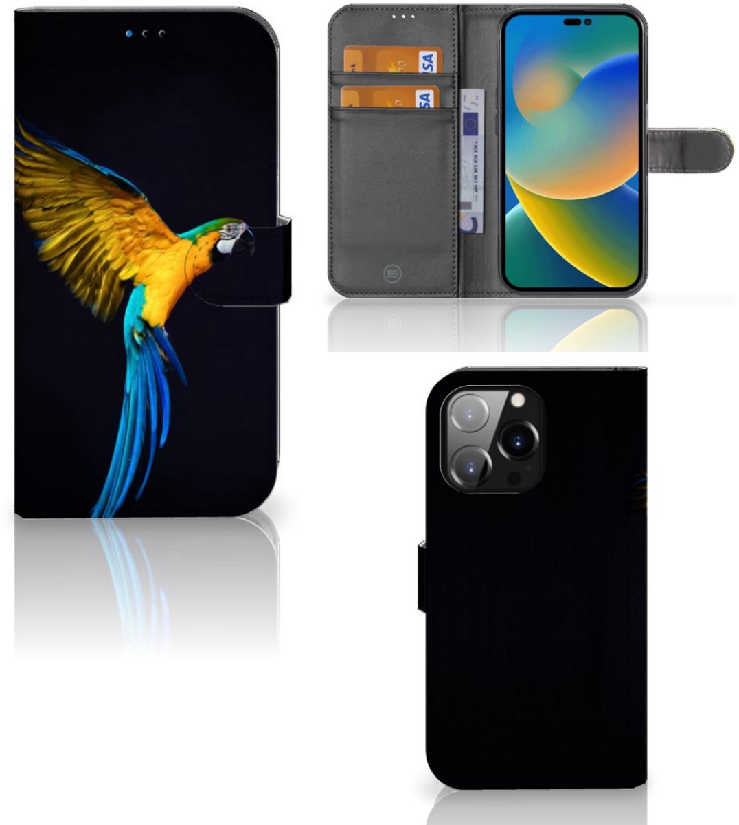 Book Case voor iPhone 14 Pro Max Telefoonhoesje met Pasjes Papegaai
