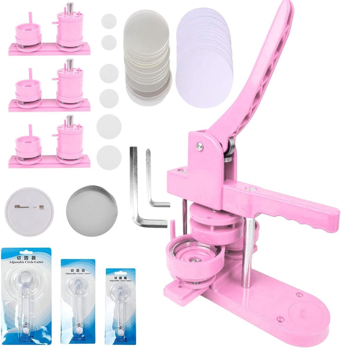 VIN® Button Maker – Button Machine – 25/32/58mm - Badge Maker – Buttons Zelf Maken – Buttons Maken – met 300 Stuks Onderdelen - Roze