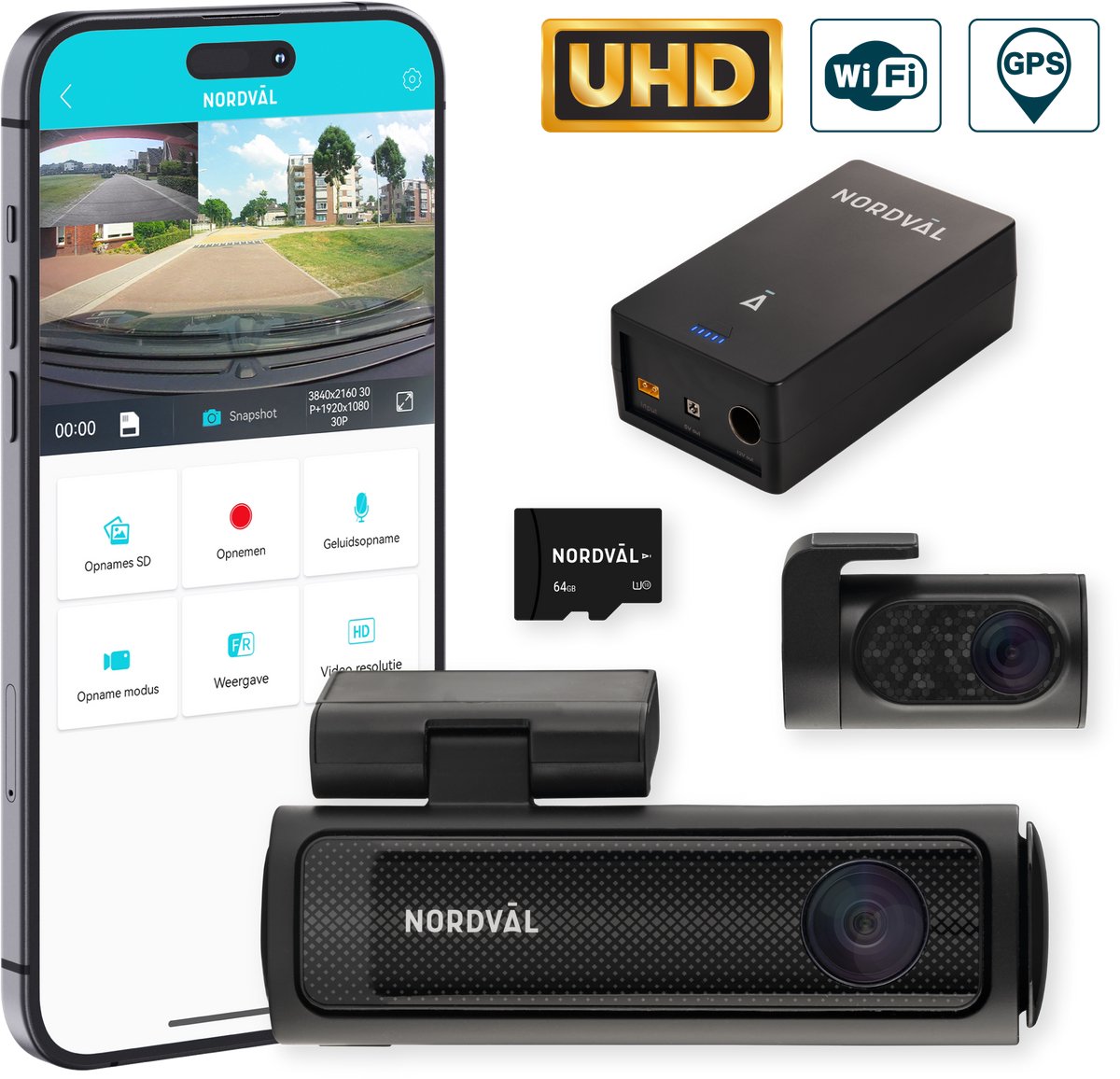 Nordväl DC202-2CH Dashcam – Incl. 64GB SD Kaart & BP125 Battery Pack – 4K Ultra HD voor en 2K QHD achter – Wifi – GPS – Parkeermodus – Dashcam voor auto – Auto Camera