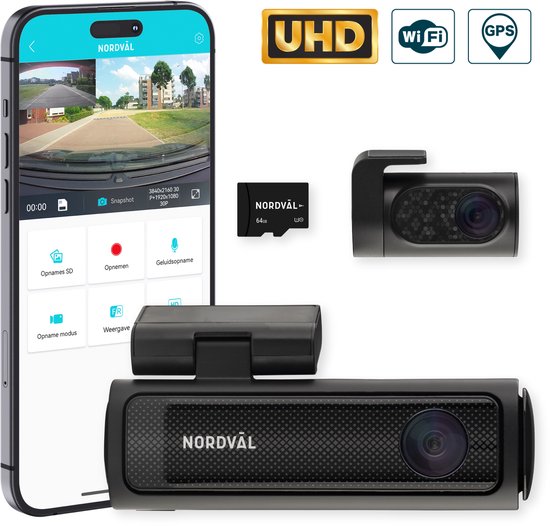 Nordväl DC202-2CH Dashcam – Incl. 64GB SD Kaart – 4K Ultra HD voor en 2K QHD achter – Wifi – GPS – Parkeermodus – Dashcam voor auto – Auto Camera