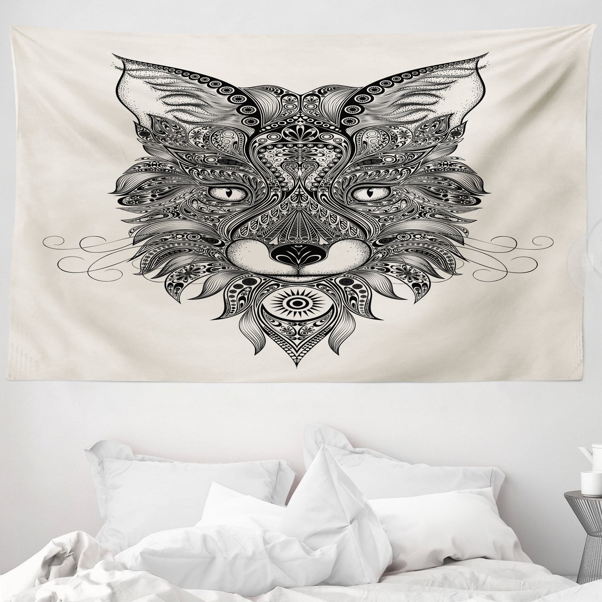ABAKUHAUS Vossenwandtapijt en -sprei, Keltische stijl, 230 x 140 cm, zwart ecru