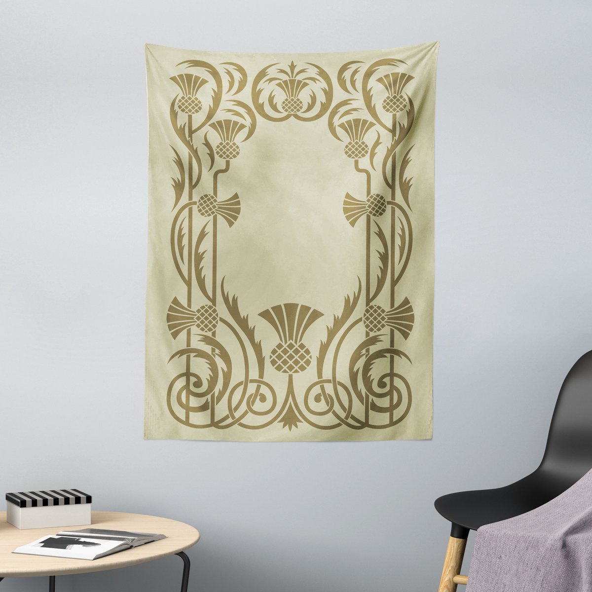 ABAKUHAUS Art Nouveau wandtapijt, botanisch exotisch, 110 x 150 cm, witgroen sepia Wit Groen Sepia