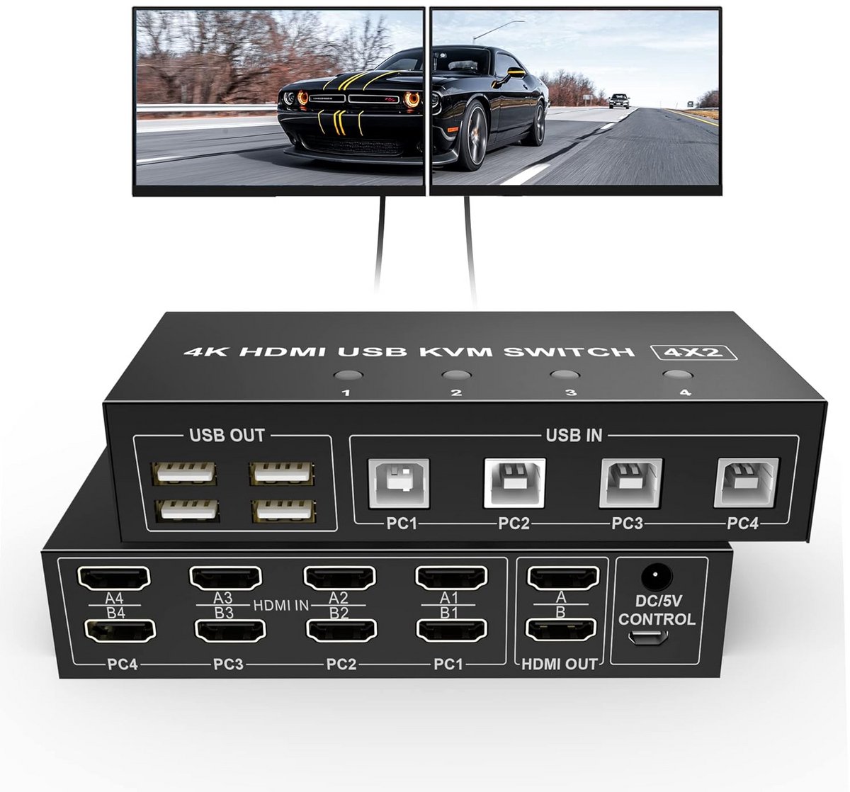 KVM-switch voor 4 computers en 2 monitoren met HDMI 4K 60Hz