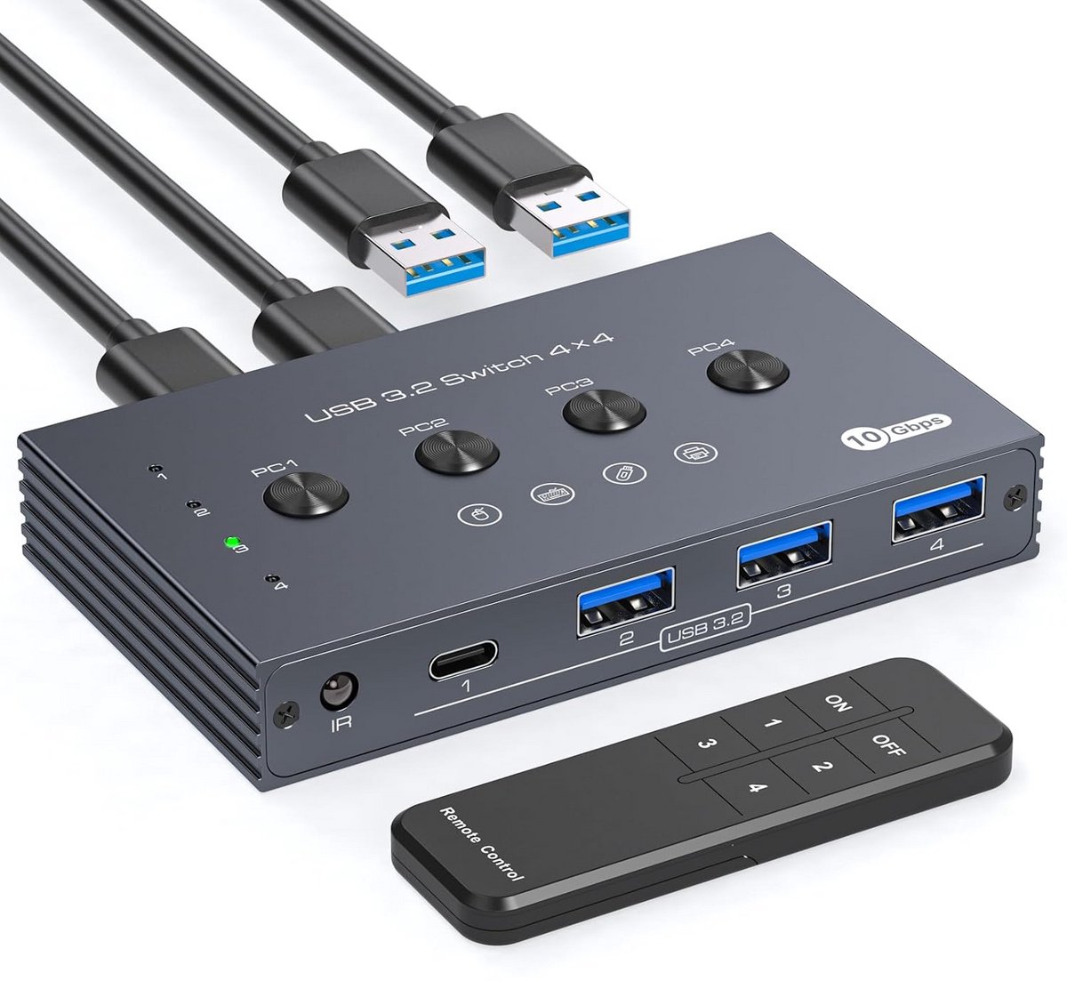 10 Gbps USB Switch 4 PC voor 4 USB 3.2 Poorten - Video-overdracht en Opladen met Afstandsbediening