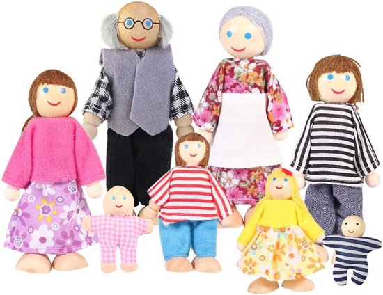 Een houten poppenfamilie van zeven figuren, waaronder grootouders, ouders en kinderen, in kleurrijke kleding.